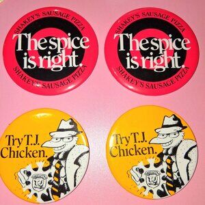Shakeys Sausage Pizza & T.J. Chicken Vintage Pinback Buttons Set Of 4•Orn7